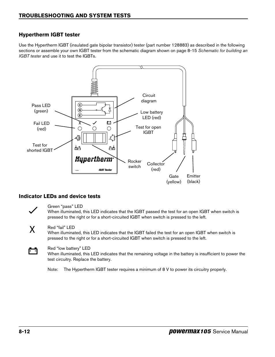 Hypertherm igbt tester, Indicator leds and device tests, Powermax | Hypertherm Powermax105 Service Manual User Manual | Page 150 / 343