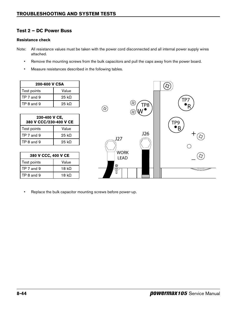 Test 2 – dc power buss, Test 2 – dc power buss -44, Powermax | Wr b | Hypertherm Powermax105 Service Manual User Manual | Page 182 / 343