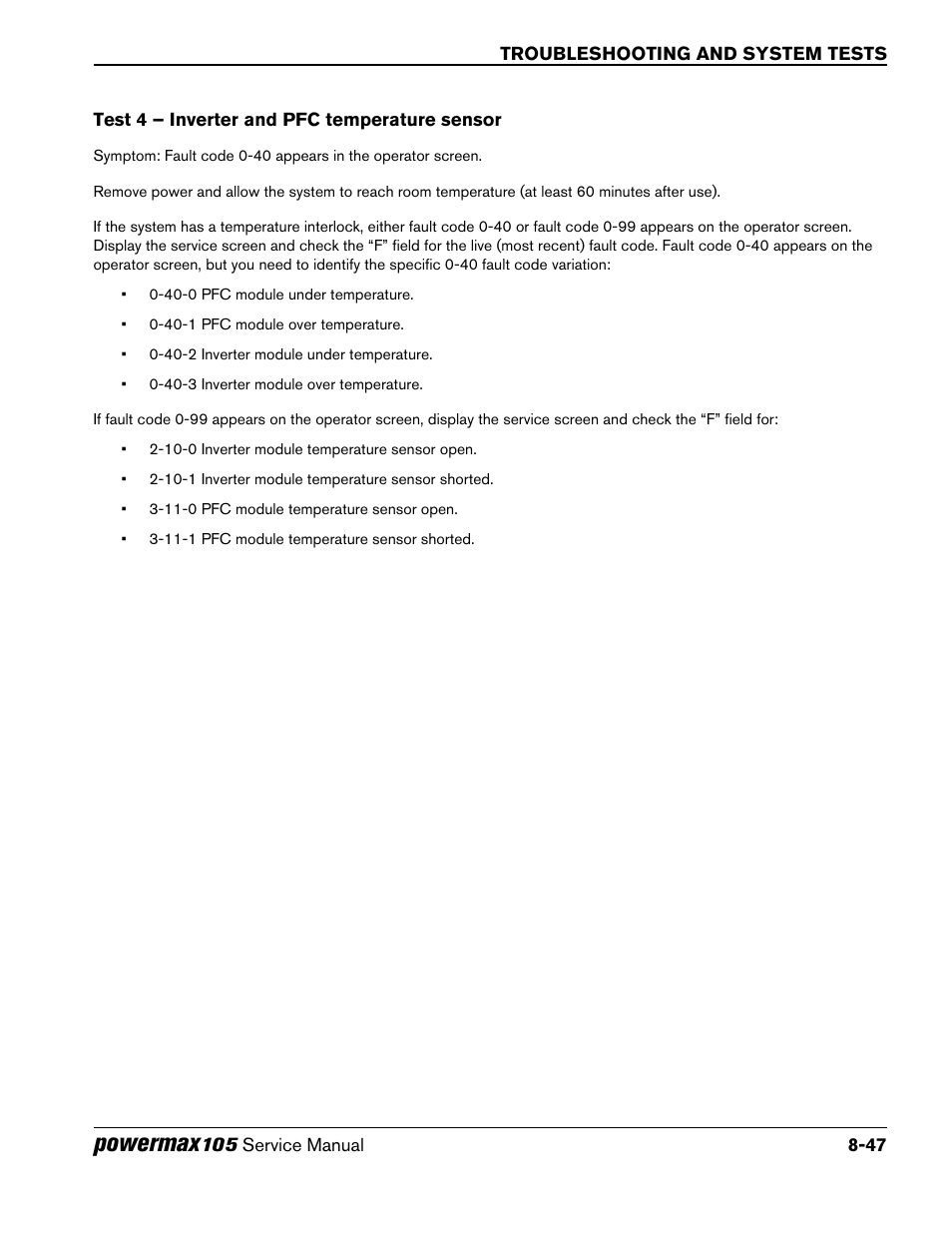 Test 4 – inverter and pfc temperature sensor, Test 4 – inverter and pfc temperature sensor -47, Powermax | Hypertherm Powermax105 Service Manual User Manual | Page 185 / 343