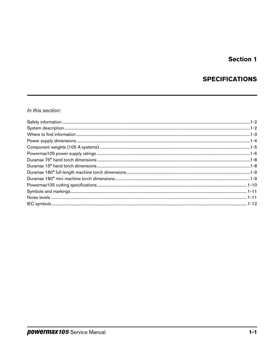 Section 1, Specifications, Section 1 specifications | Powermax | Hypertherm Powermax105 Service Manual User Manual | Page 19 / 343