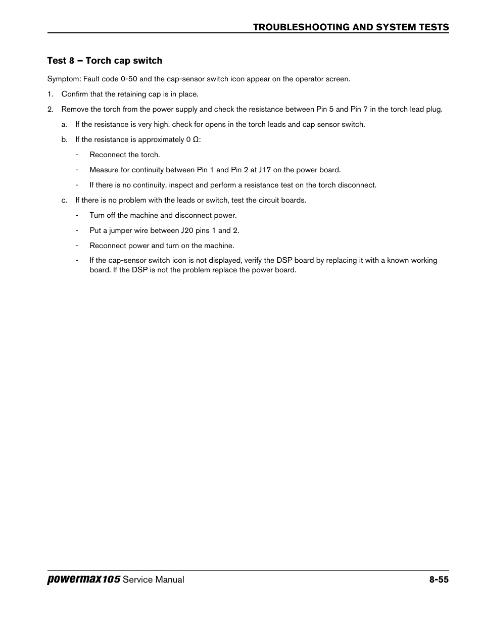 Test 8 – torch cap switch, Test 8 – torch cap switch -55, Powermax | Hypertherm Powermax105 Service Manual User Manual | Page 193 / 343