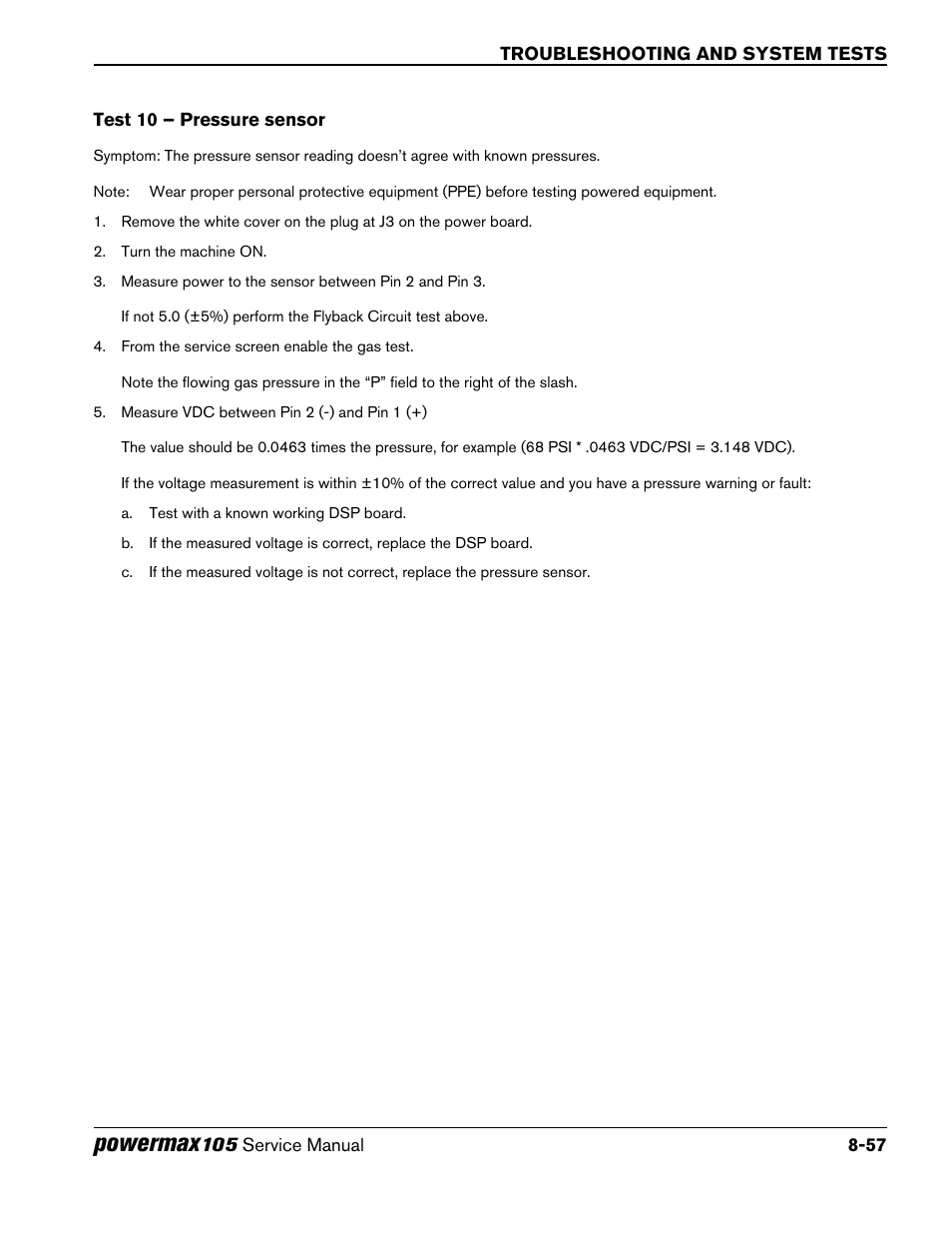 Test 10 – pressure sensor, Test 10 – pressure sensor -57, Powermax | Hypertherm Powermax105 Service Manual User Manual | Page 195 / 343