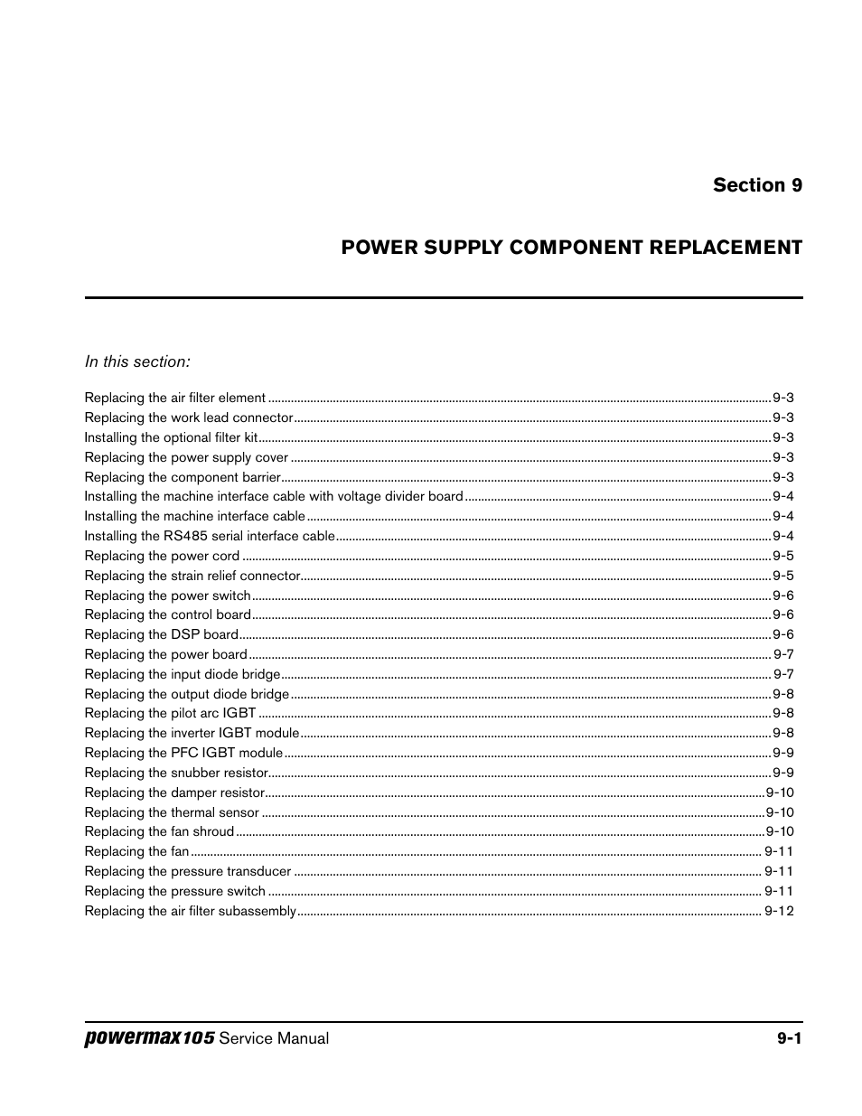 Section 9, Power supply component replacement, Section 9 power supply component replacement | Powermax | Hypertherm Powermax105 Service Manual User Manual | Page 199 / 343