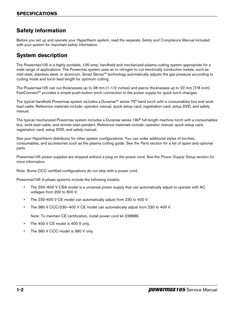 Safety information, System description, Safety information -2 system description -2 | Powermax | Hypertherm Powermax105 Service Manual User Manual | Page 20 / 343