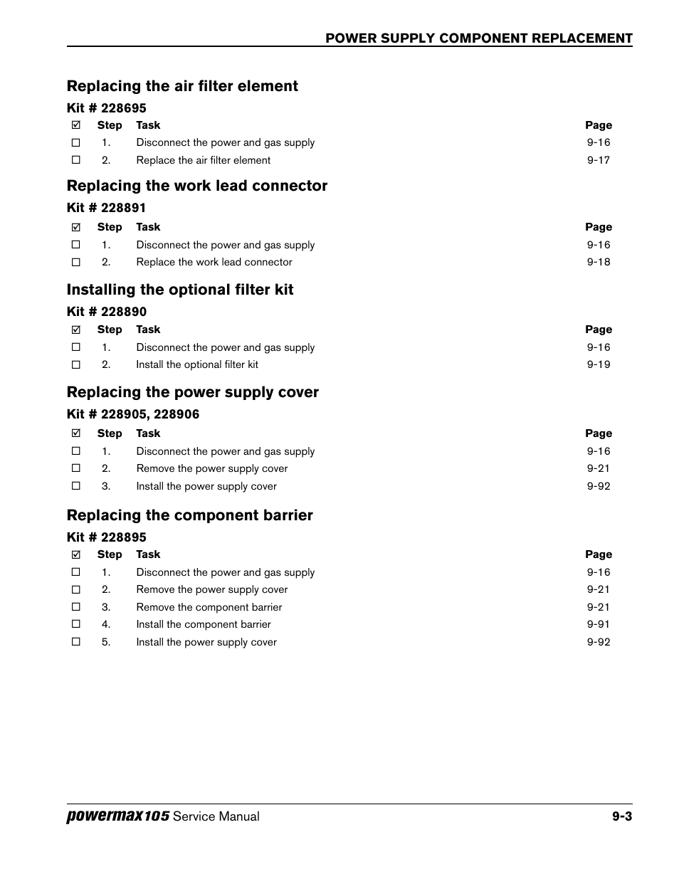 Replacing the air filter element, Replacing the work lead connector, Installing the optional filter kit | Replacing the power supply cover, Replacing the mylar® barrier, Powermax, Replacing the component barrier | Hypertherm Powermax105 Service Manual User Manual | Page 201 / 343