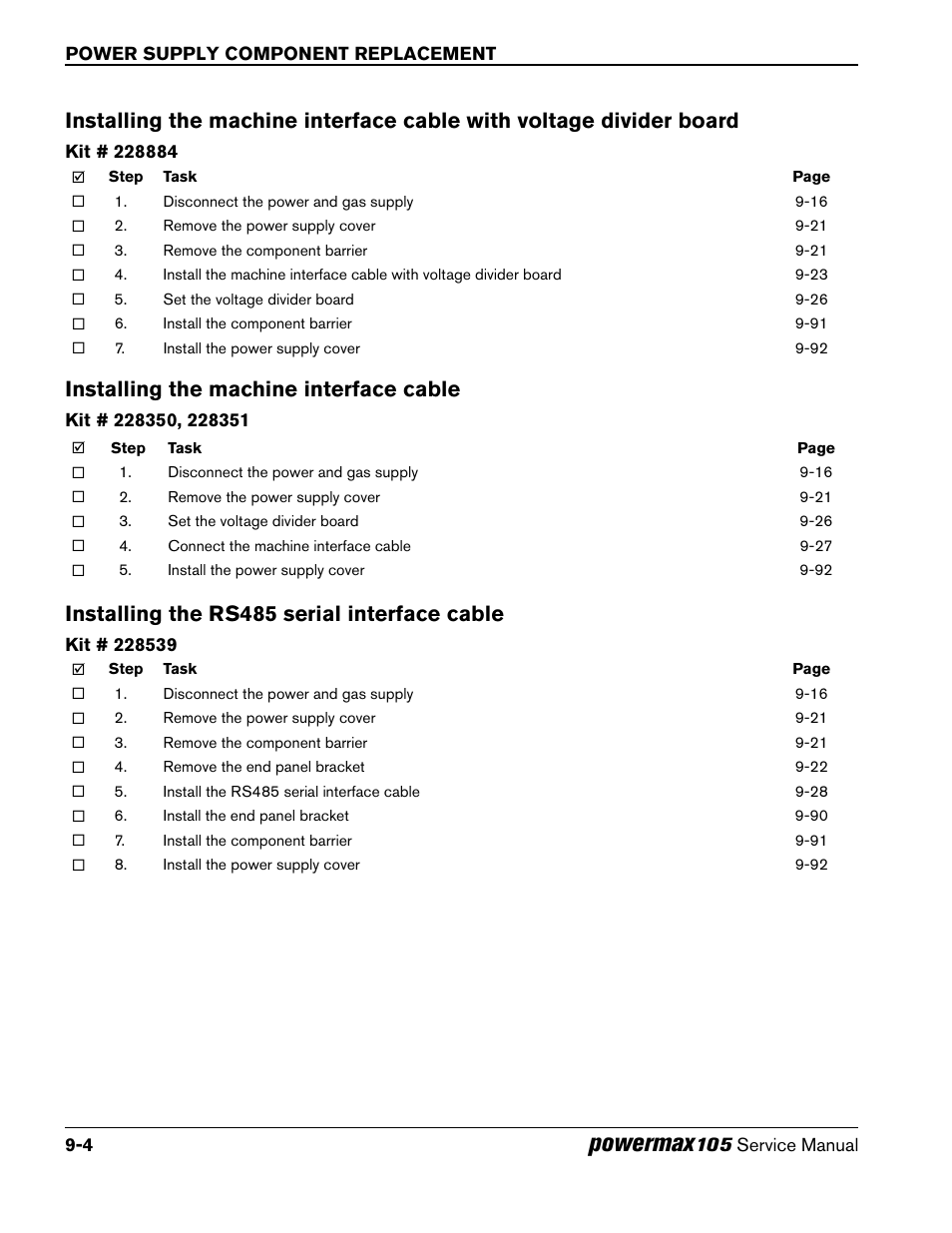 Installing the machine interface cable, Installing the rs485 serial interface cable, Powermax | Hypertherm Powermax105 Service Manual User Manual | Page 202 / 343