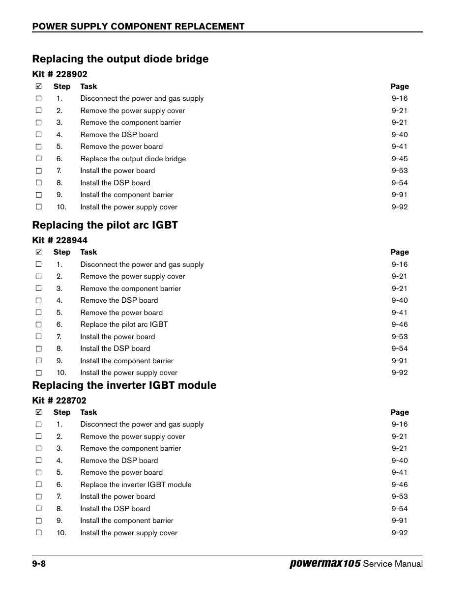 Replacing the output diode bridge, Replacing the pilot arc igbt, Replacing the inverter igbt module | Powermax | Hypertherm Powermax105 Service Manual User Manual | Page 206 / 343