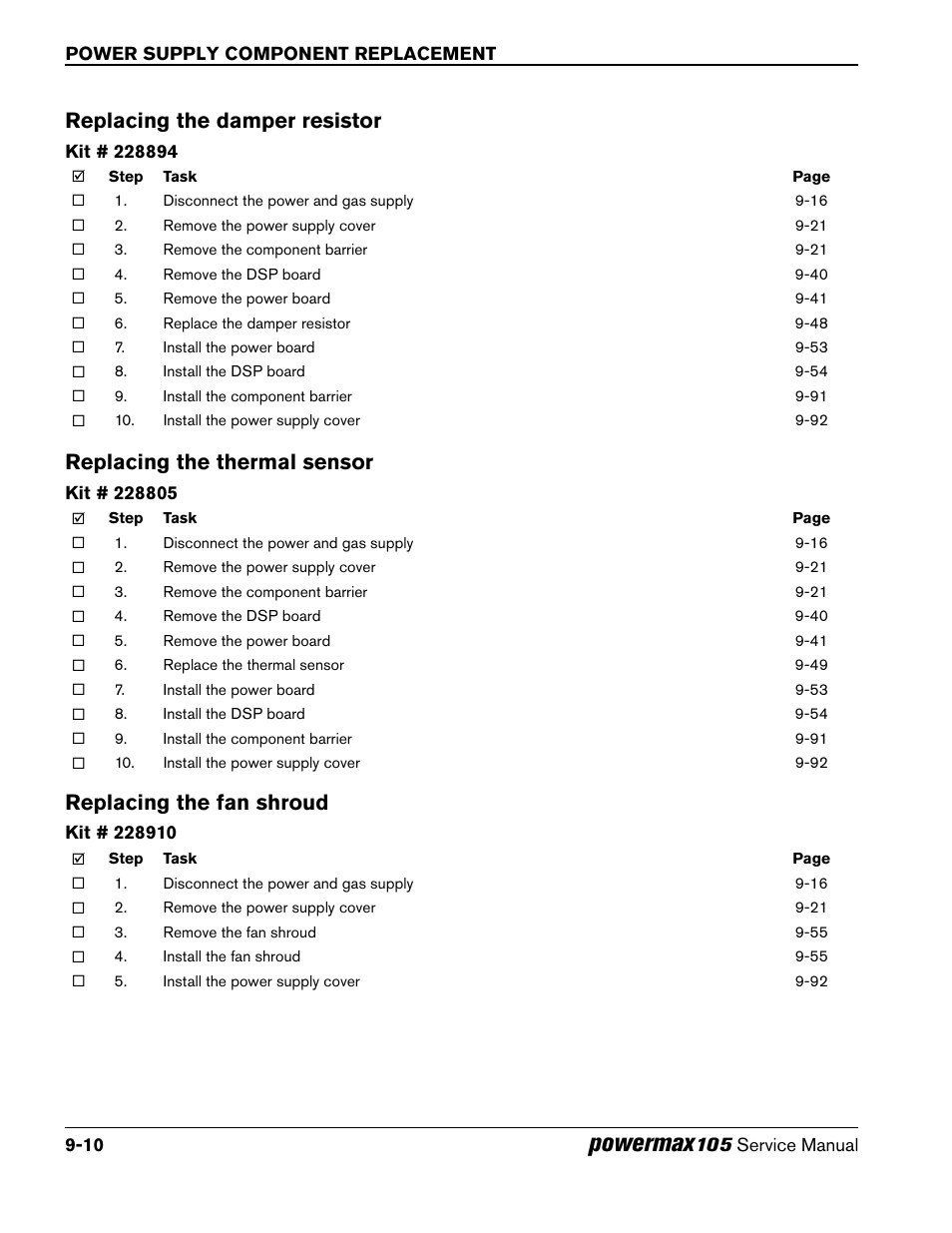 Replacing the damper resistor, Replacing the thermal sensor, Replacing the fan shroud | Replacing the damper resistor -10, Powermax | Hypertherm Powermax105 Service Manual User Manual | Page 208 / 343