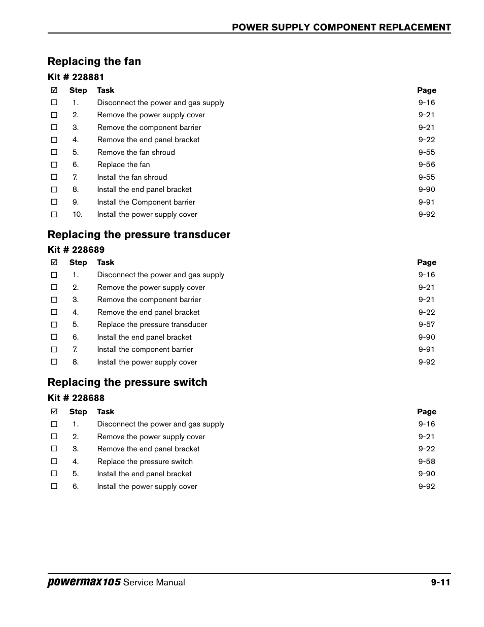 Replacing the fan, Replacing the pressure transducer, Replacing the pressure switch | Powermax | Hypertherm Powermax105 Service Manual User Manual | Page 209 / 343