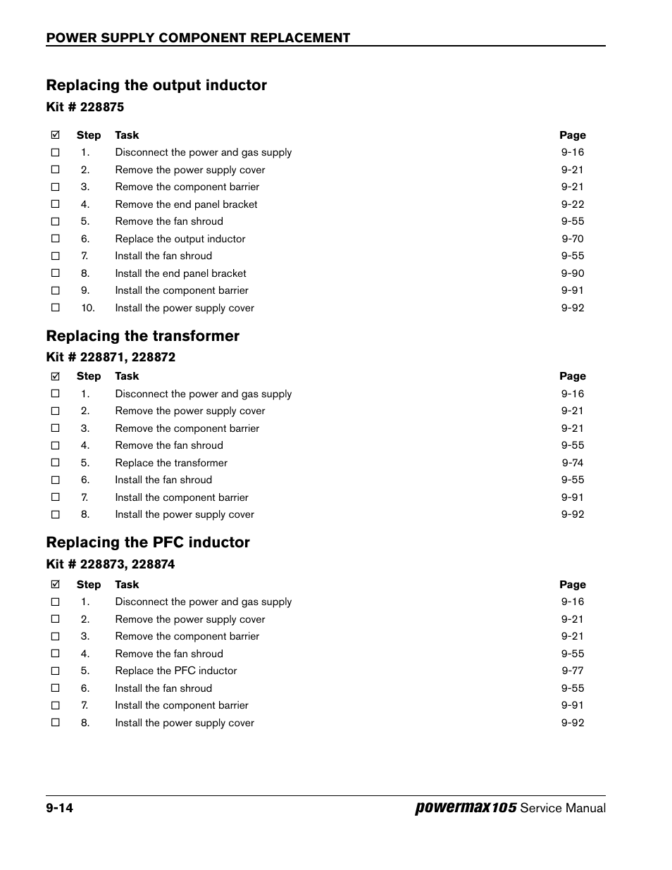 Replacing the output inductor, Replacing the transformer, Replacing the pfc inductor | Powermax | Hypertherm Powermax105 Service Manual User Manual | Page 212 / 343