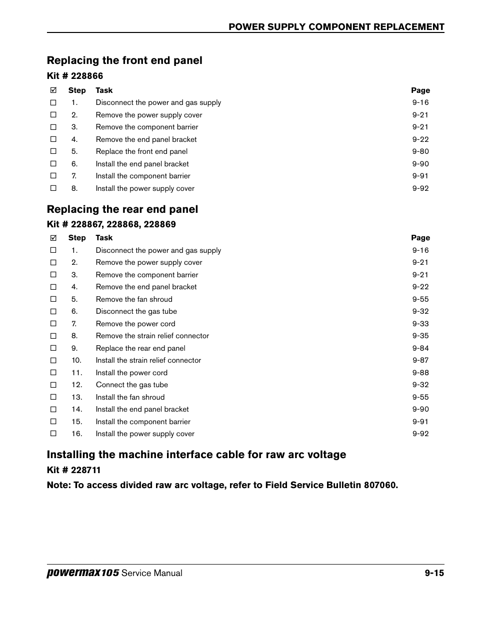 Replacing the front end panel, Replacing the rear end panel, Powermax | Hypertherm Powermax105 Service Manual User Manual | Page 213 / 343