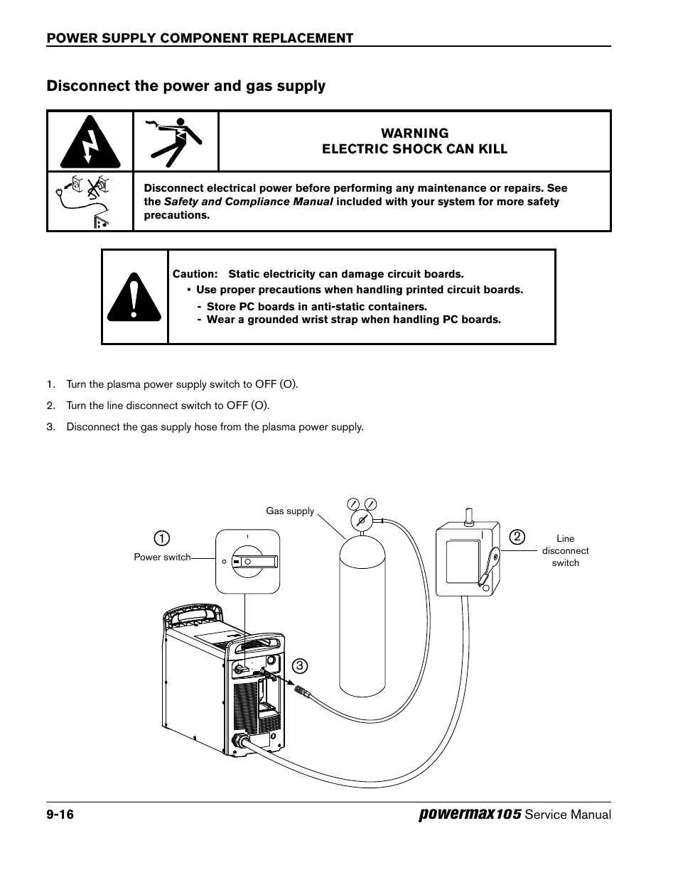 Disconnect the power and gas supply, Powermax | Hypertherm Powermax105 Service Manual User Manual | Page 214 / 343