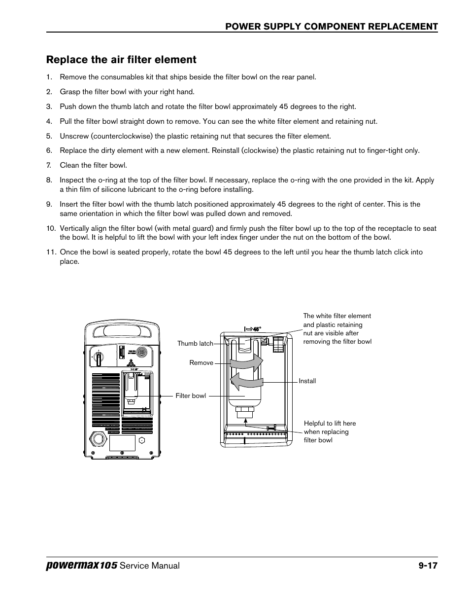 Replace the air filter element, Powermax | Hypertherm Powermax105 Service Manual User Manual | Page 215 / 343