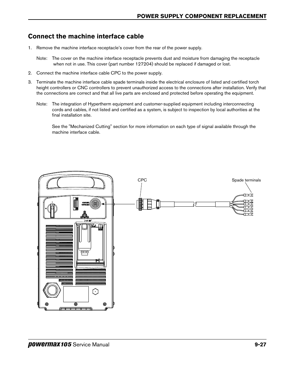 Connect the machine interface cable, Powermax | Hypertherm Powermax105 Service Manual User Manual | Page 225 / 343
