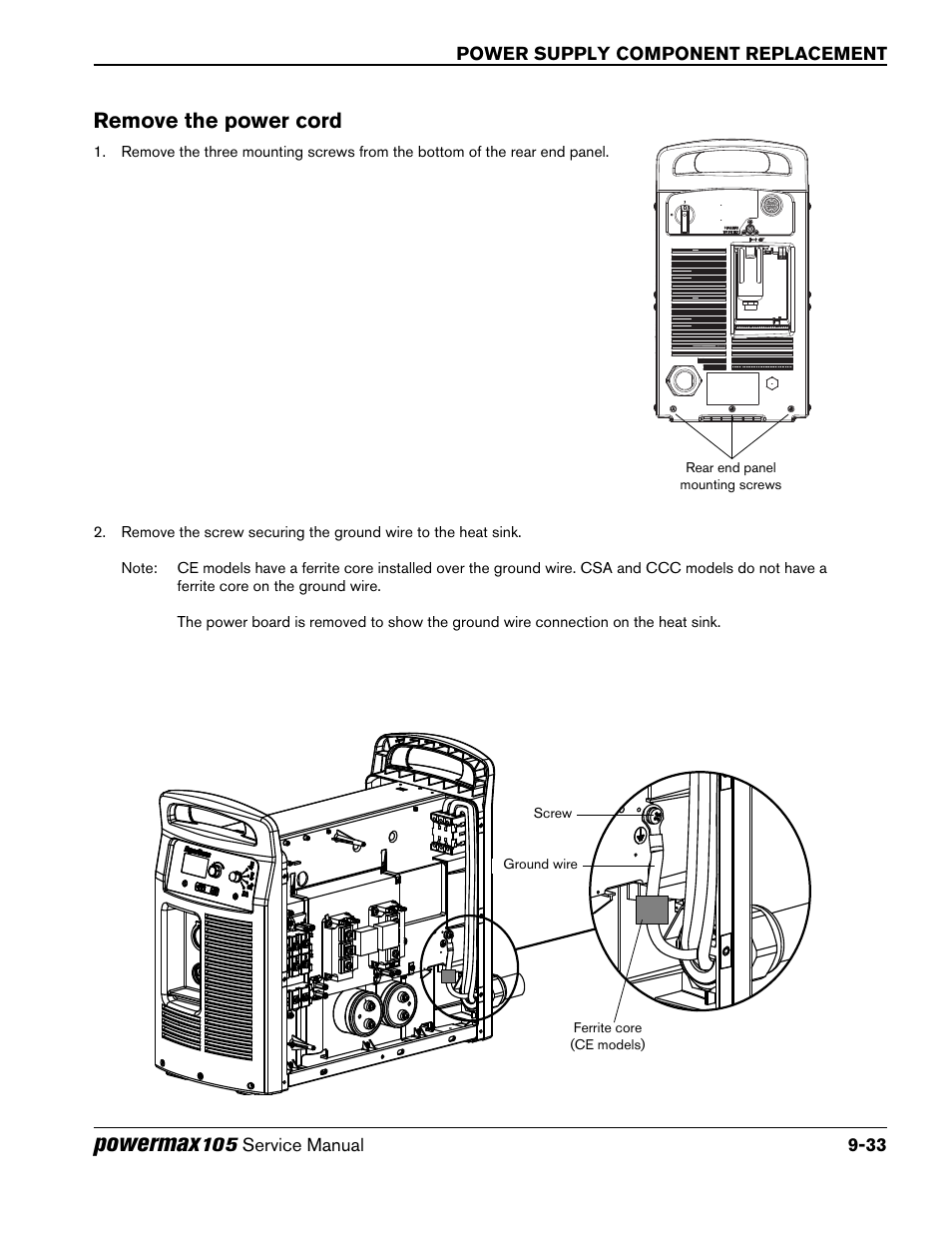 Remove the power cord, Powermax | Hypertherm Powermax105 Service Manual User Manual | Page 231 / 343