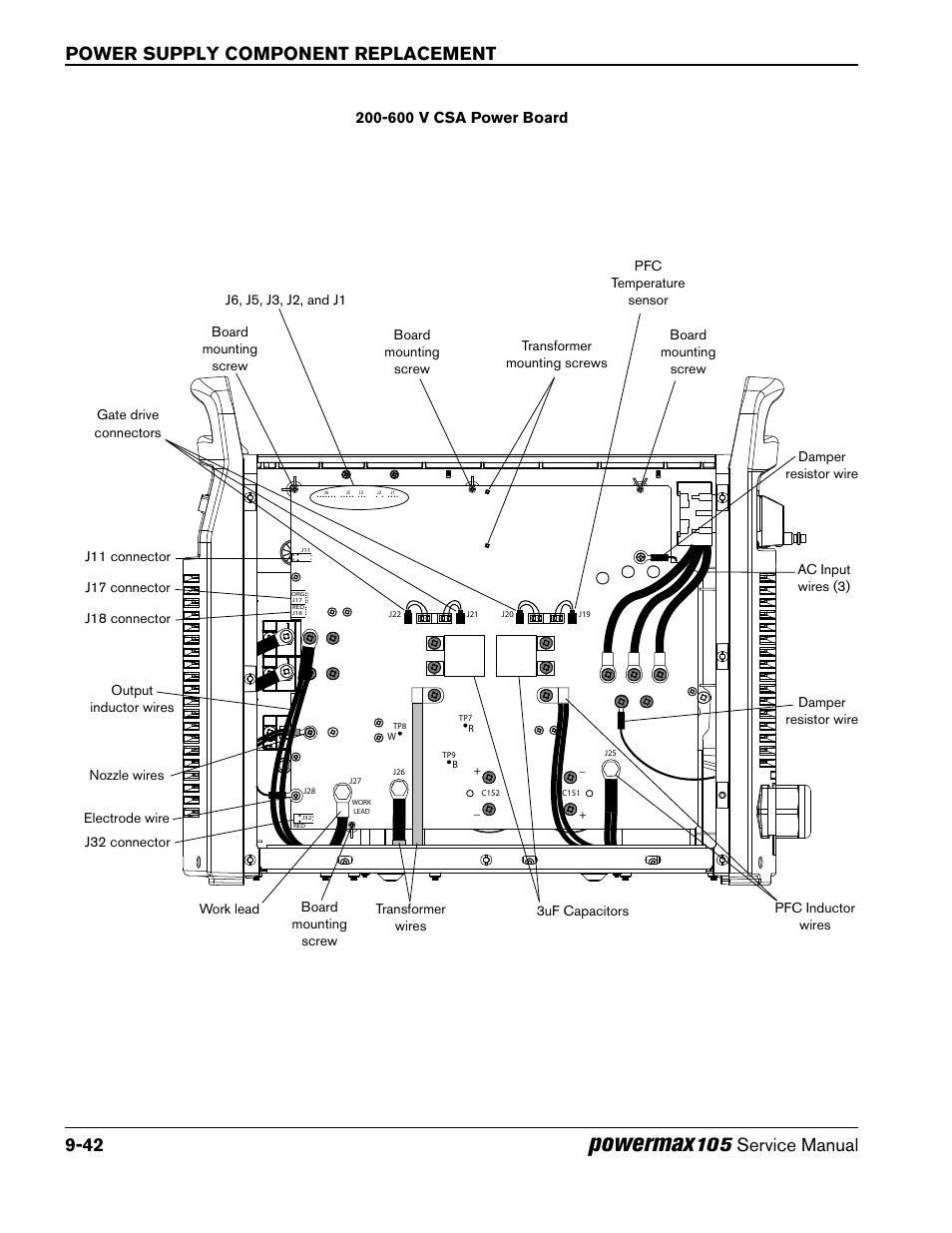 Powermax, Power supply component replacement 9-42, 105 service manual | 600 v csa power board | Hypertherm Powermax105 Service Manual User Manual | Page 240 / 343