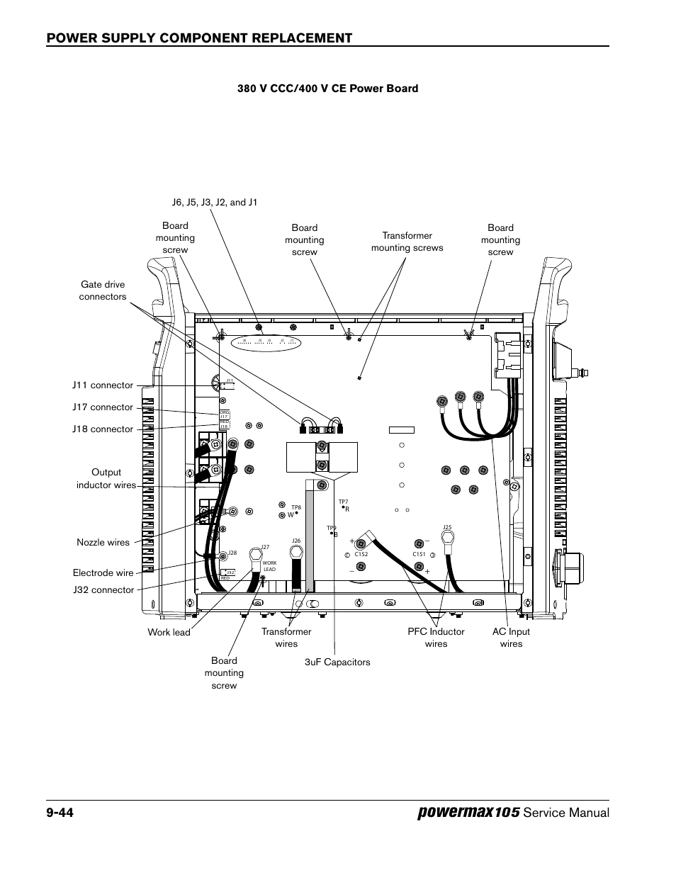 Powermax, Power supply component replacement 9-44, 105 service manual | Hypertherm Powermax105 Service Manual User Manual | Page 242 / 343