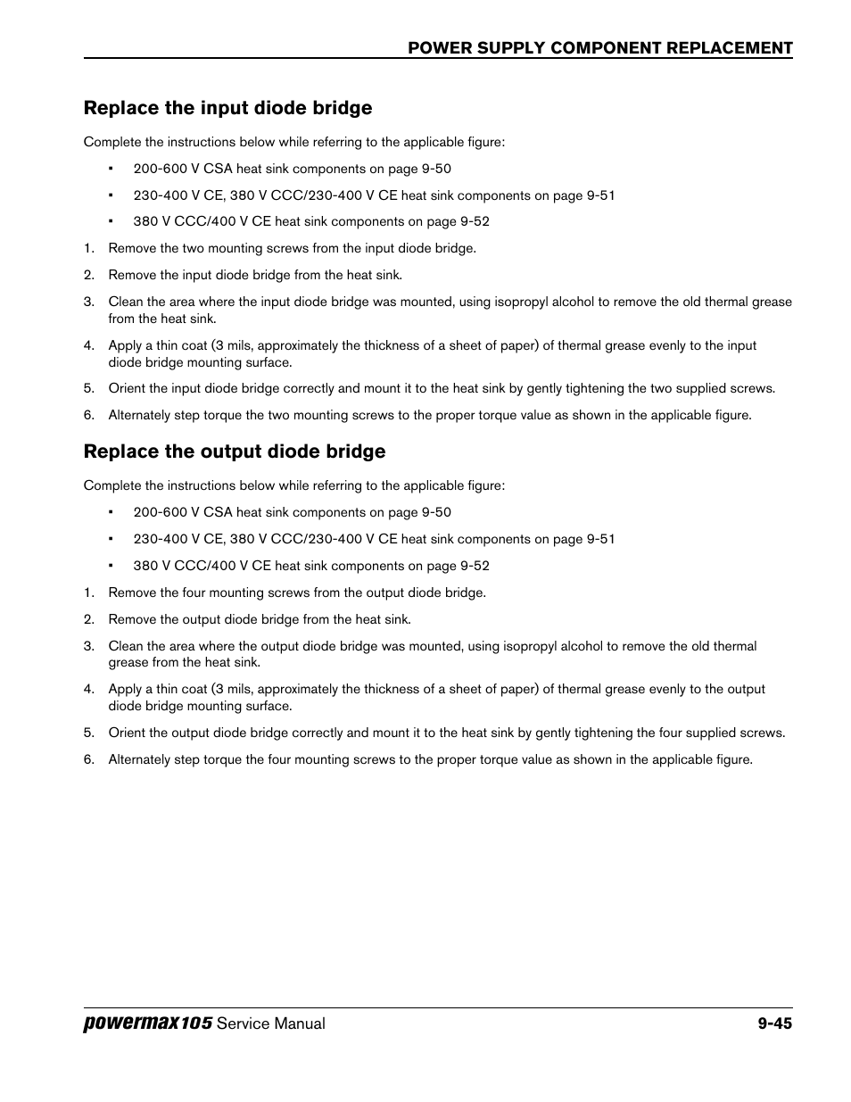 Replace the input diode bridge, Replace the output diode bridge, Powermax | Hypertherm Powermax105 Service Manual User Manual | Page 243 / 343