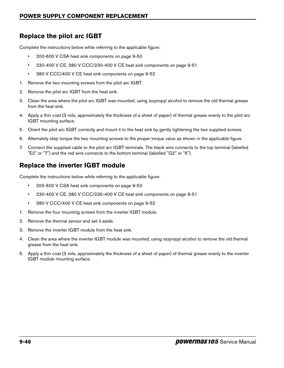 Replace the pilot arc igbt, Replace the inverter igbt module, Powermax | Hypertherm Powermax105 Service Manual User Manual | Page 244 / 343