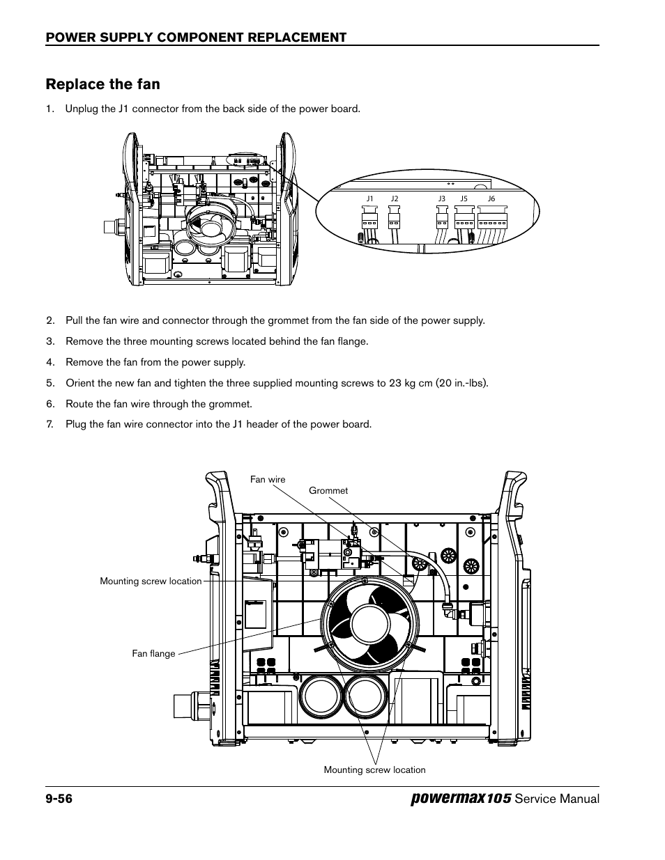 Replace the fan, Powermax, Power supply component replacement 9-56 | 105 service manual | Hypertherm Powermax105 Service Manual User Manual | Page 254 / 343