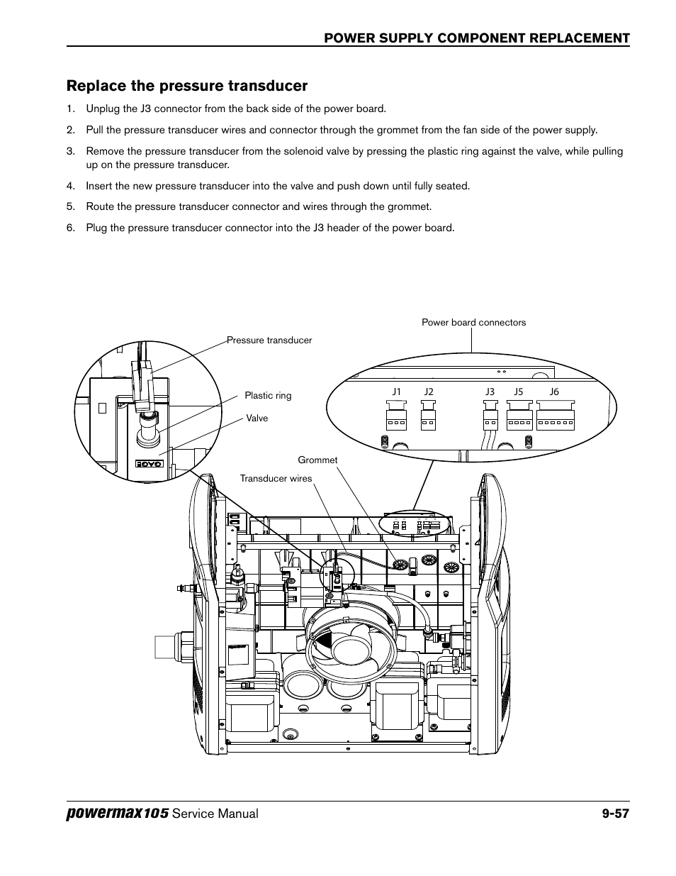 Replace the pressure transducer, Powermax, Power supply component replacement | Hypertherm Powermax105 Service Manual User Manual | Page 255 / 343