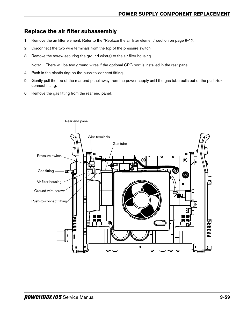 Replace the air filter subassembly, Powermax | Hypertherm Powermax105 Service Manual User Manual | Page 257 / 343