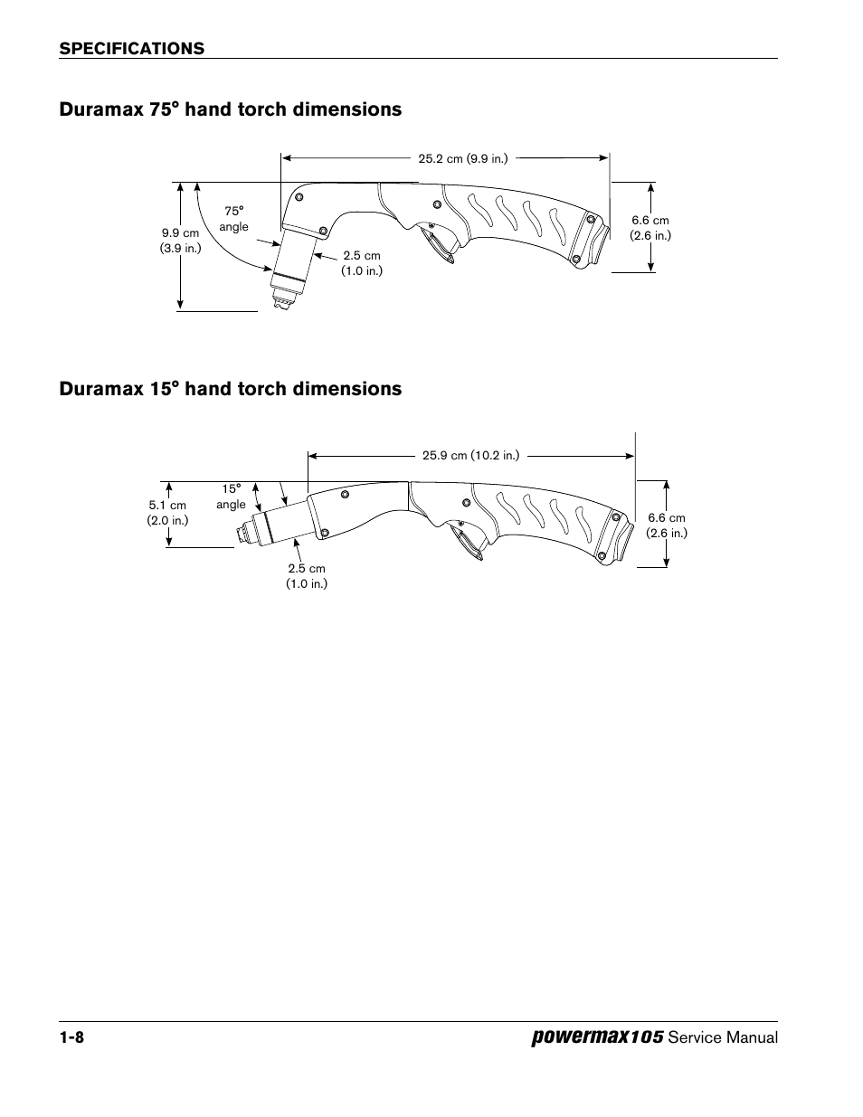 Duramax 75° hand torch dimensions, Duramax 15° hand torch dimensions, Powermax | Hypertherm Powermax105 Service Manual User Manual | Page 26 / 343