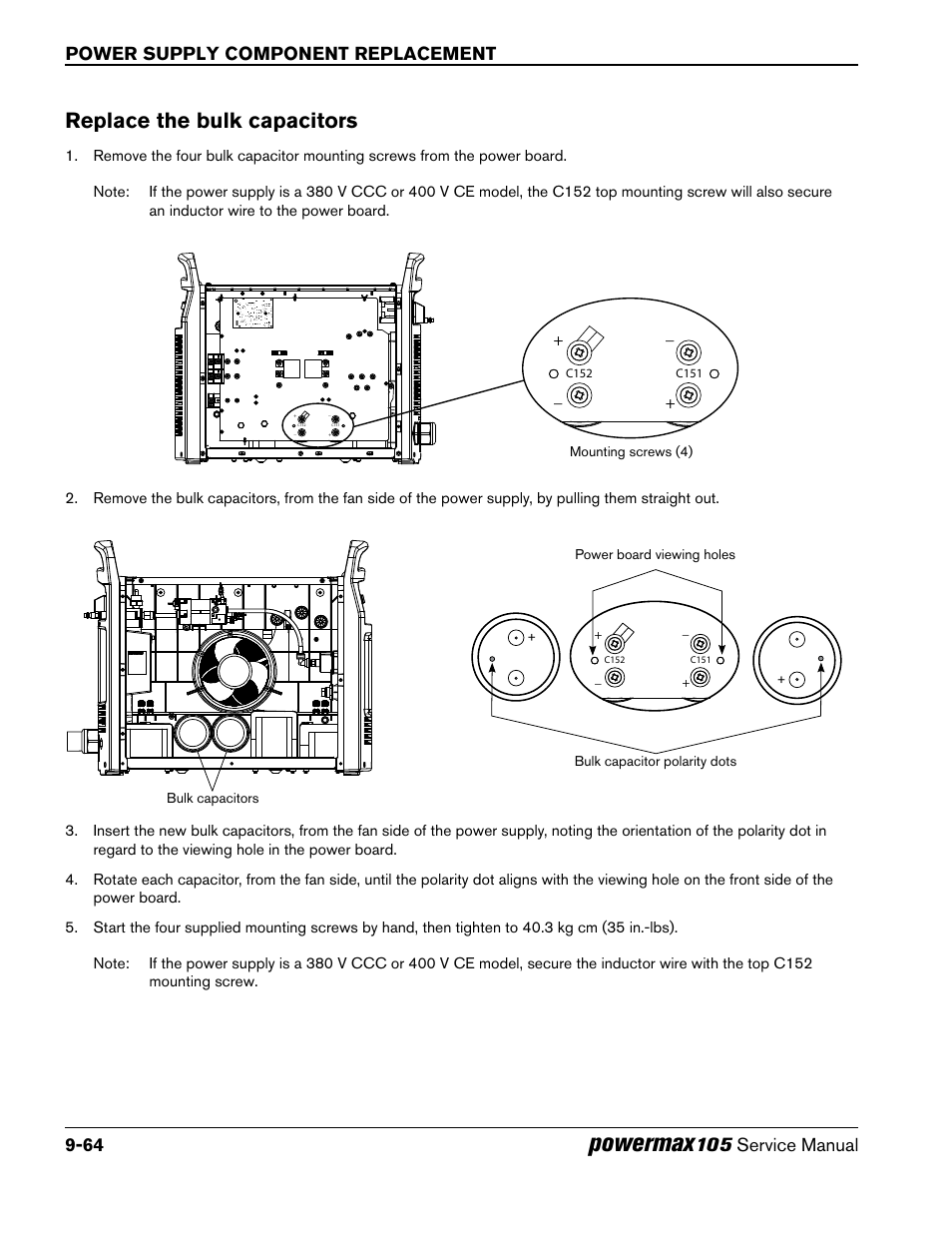 Replace the bulk capacitors, Powermax, Power supply component replacement 9-64 | 105 service manual | Hypertherm Powermax105 Service Manual User Manual | Page 262 / 343