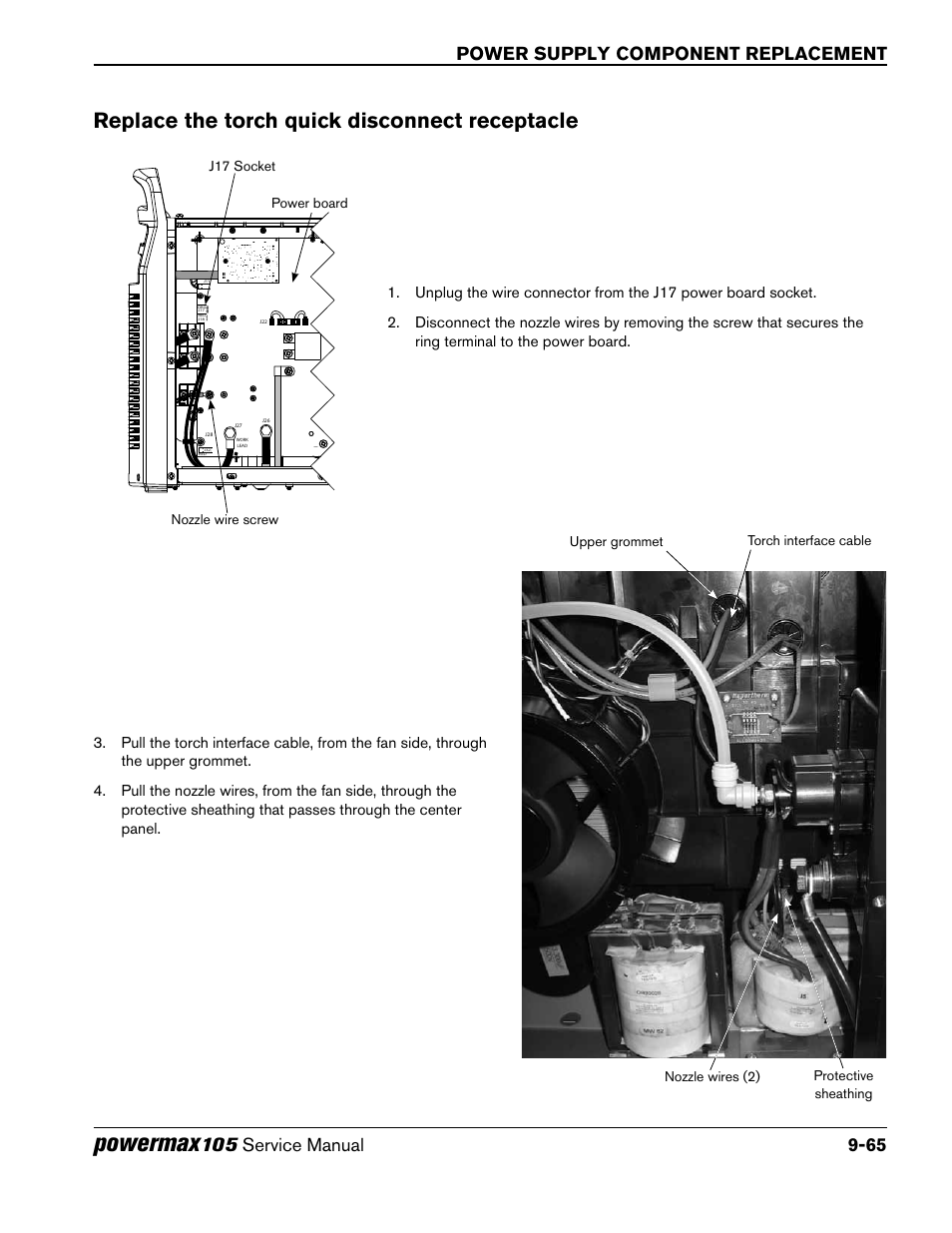 Replace the torch quick disconnect receptacle, Powermax, Power supply component replacement | Hypertherm Powermax105 Service Manual User Manual | Page 263 / 343