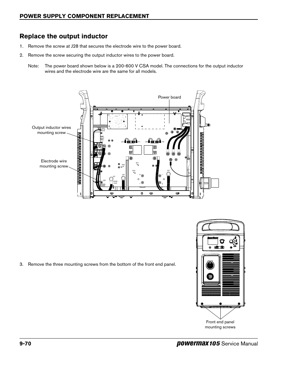 Replace the output inductor, Powermax, Power supply component replacement 9-70 | 105 service manual, Front end panel mounting screws | Hypertherm Powermax105 Service Manual User Manual | Page 268 / 343