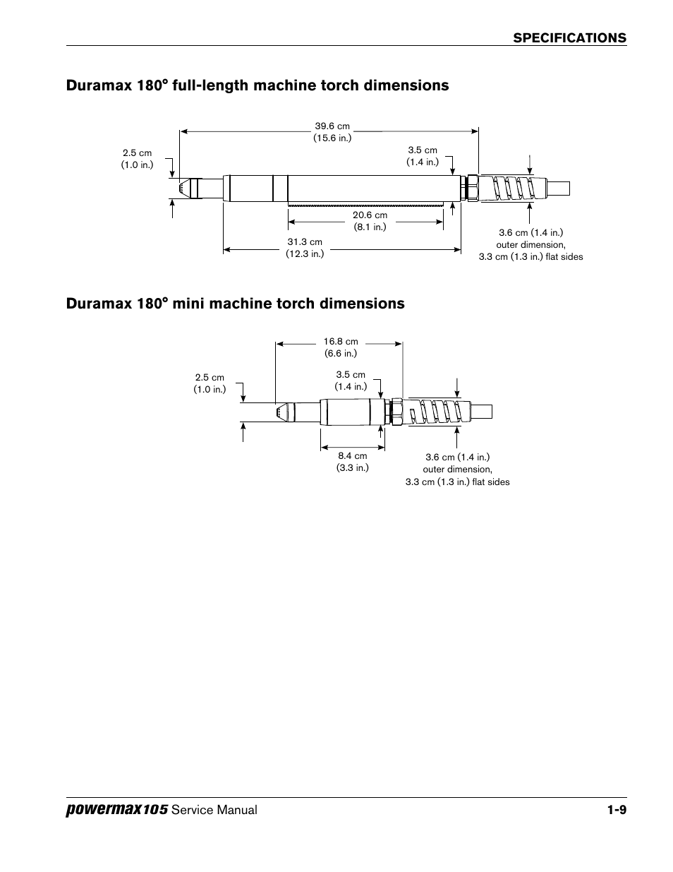 Duramax 180° full-length machine torch dimensions, Duramax 180° mini machine torch dimensions, Powermax | Hypertherm Powermax105 Service Manual User Manual | Page 27 / 343