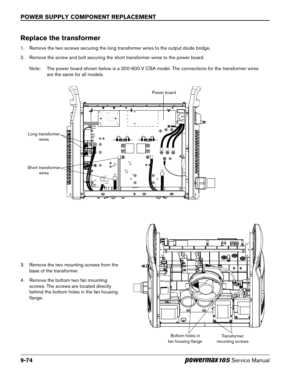 Replace the transformer, Powermax, Power supply component replacement 9-74 | 105 service manual | Hypertherm Powermax105 Service Manual User Manual | Page 272 / 343