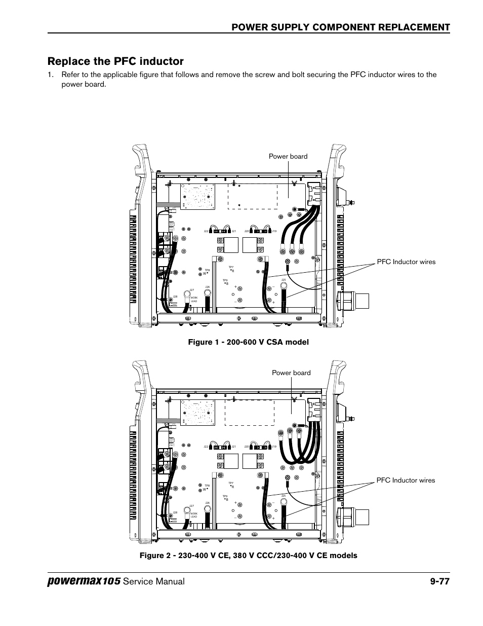 Replace the pfc inductor, Powermax, Power supply component replacement | Pfc inductor wires power board | Hypertherm Powermax105 Service Manual User Manual | Page 275 / 343