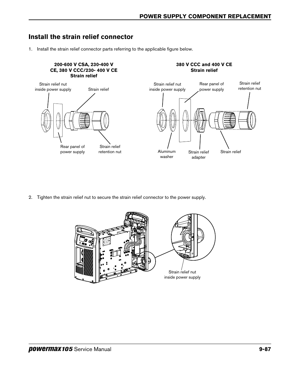 Install the strain relief connector, Powermax | Hypertherm Powermax105 Service Manual User Manual | Page 285 / 343