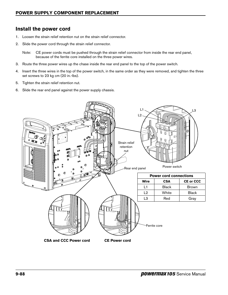 Install the power cord, Powermax | Hypertherm Powermax105 Service Manual User Manual | Page 286 / 343