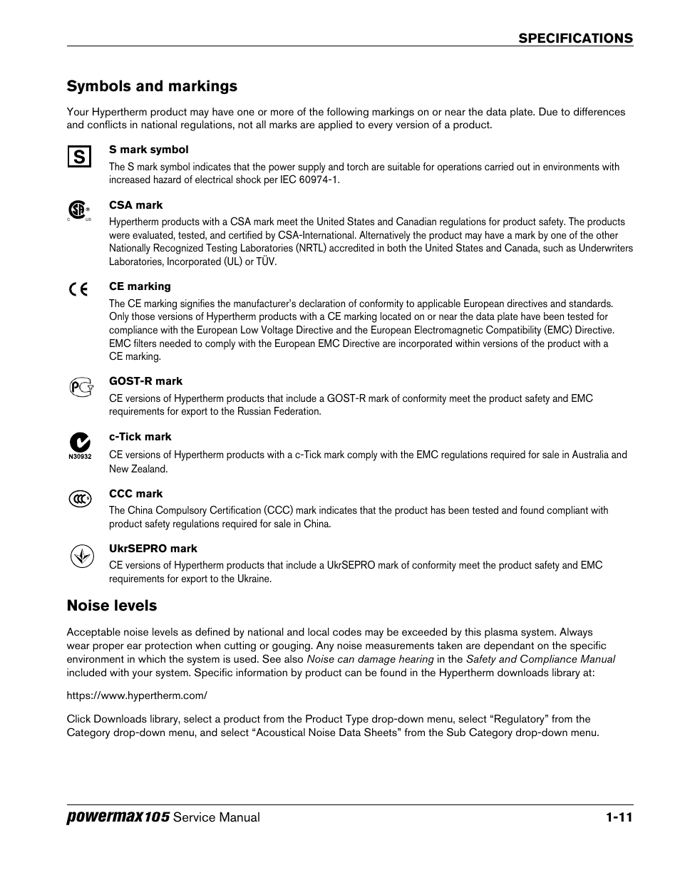 Symbols and markings, Noise levels, Symbols and markings -11 noise levels -11 | Powermax | Hypertherm Powermax105 Service Manual User Manual | Page 29 / 343