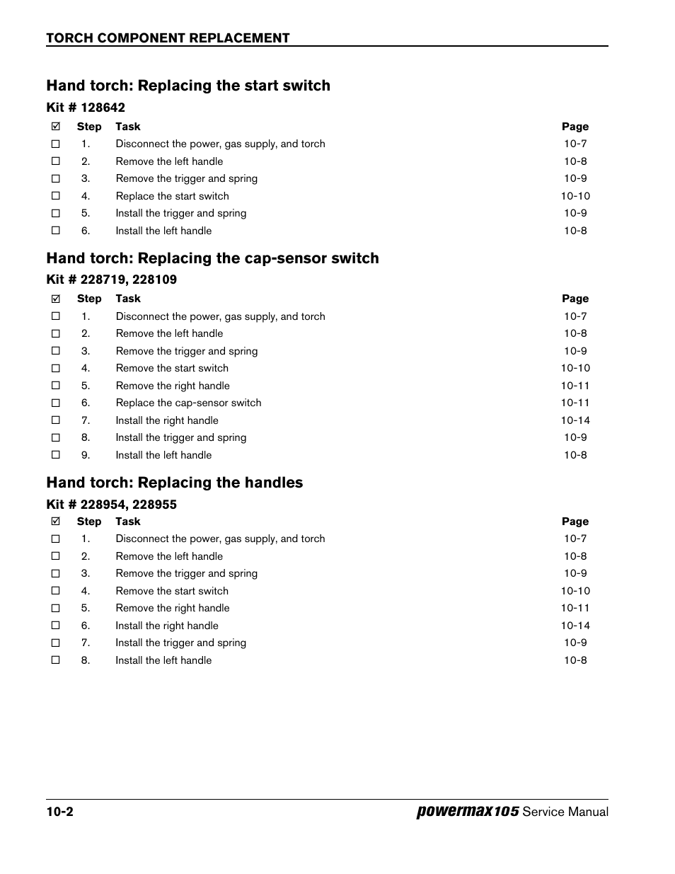 Hand torch: replacing the start switch, Hand torch: replacing the cap-sensor switch, Hand torch: replacing the handles | Powermax | Hypertherm Powermax105 Service Manual User Manual | Page 292 / 343