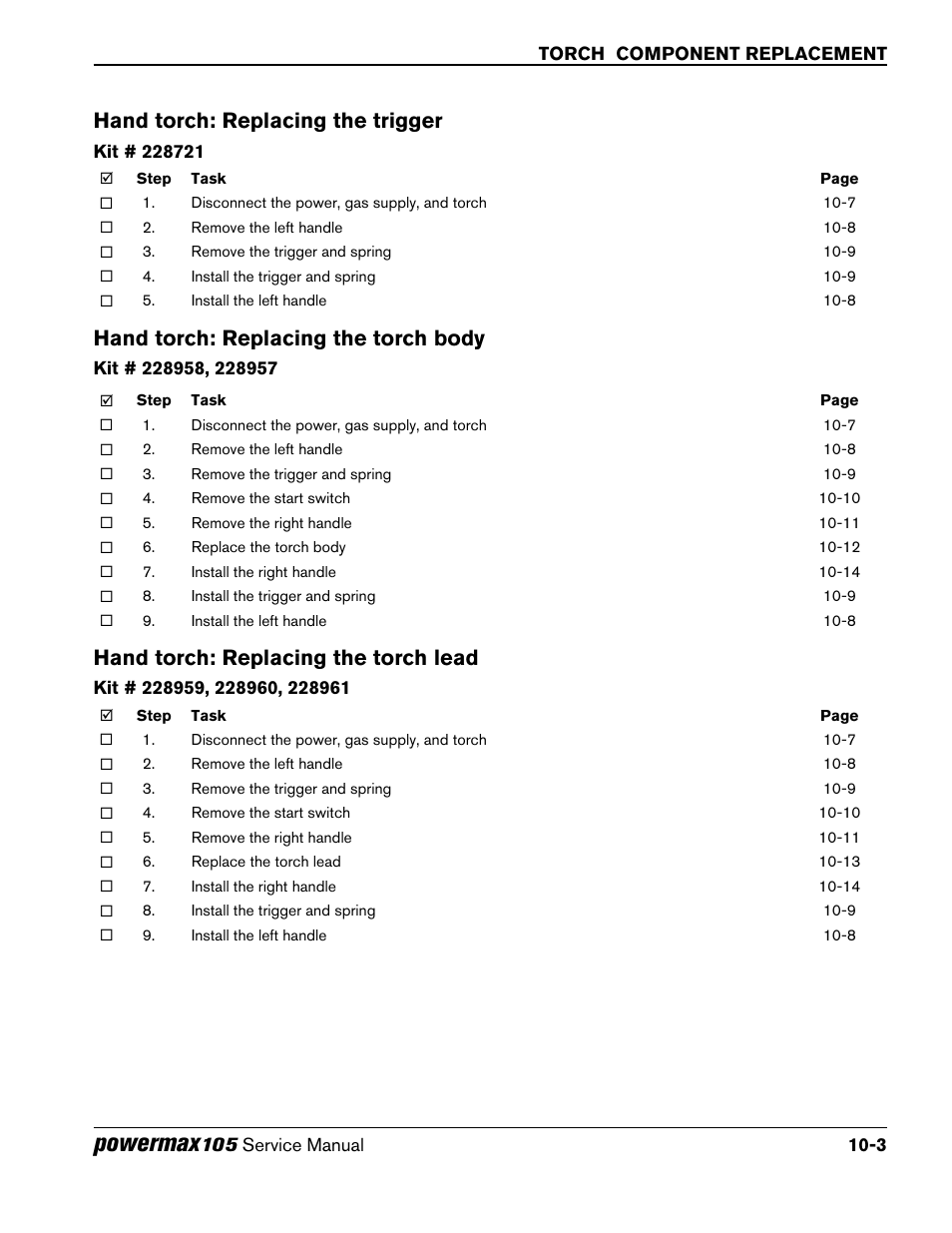 Hand torch: replacing the trigger, Hand torch: replacing the torch body, Hand torch: replacing the torch lead | Powermax | Hypertherm Powermax105 Service Manual User Manual | Page 293 / 343