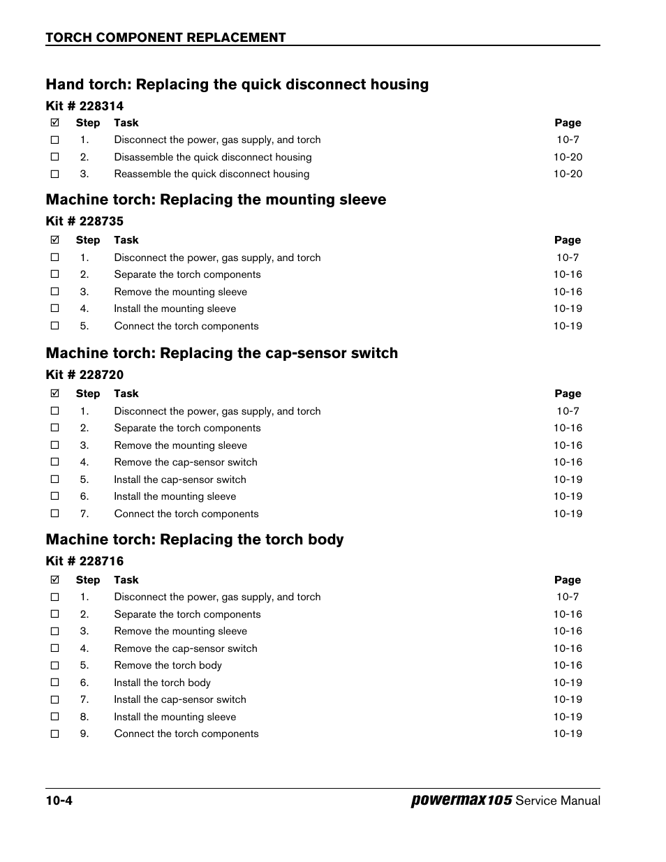 Hand torch: replacing the quick disconnect housing, Machine torch: replacing the mounting sleeve, Machine torch: replacing the cap-sensor switch | Machine torch: replacing the torch body, Powermax | Hypertherm Powermax105 Service Manual User Manual | Page 294 / 343