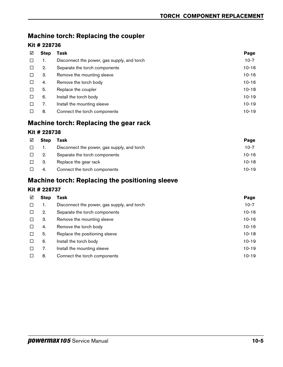Machine torch: replacing the coupler, Machine torch: replacing the gear rack, Machine torch: replacing the positioning sleeve | Powermax | Hypertherm Powermax105 Service Manual User Manual | Page 295 / 343