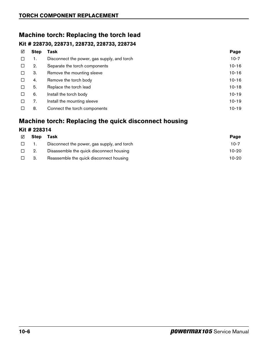 Machine torch: replacing the torch lead, Powermax | Hypertherm Powermax105 Service Manual User Manual | Page 296 / 343
