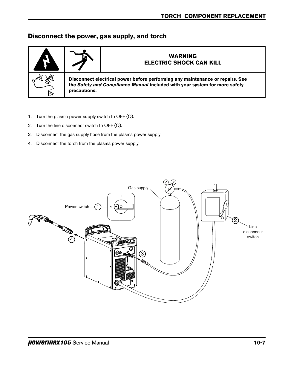 Disconnect the power, gas supply, and torch, Powermax | Hypertherm Powermax105 Service Manual User Manual | Page 297 / 343