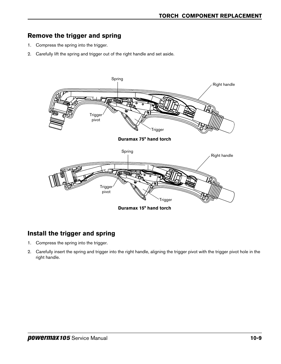 Remove the trigger and spring, Install the trigger and spring, Powermax | Hypertherm Powermax105 Service Manual User Manual | Page 299 / 343