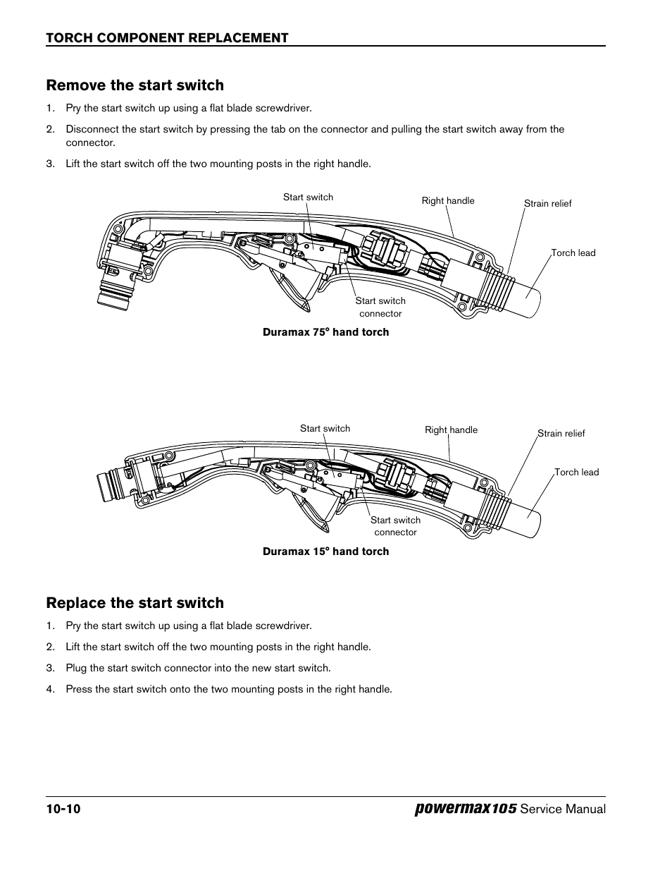 Remove the start switch, Replace the start switch, Powermax | Hypertherm Powermax105 Service Manual User Manual | Page 300 / 343