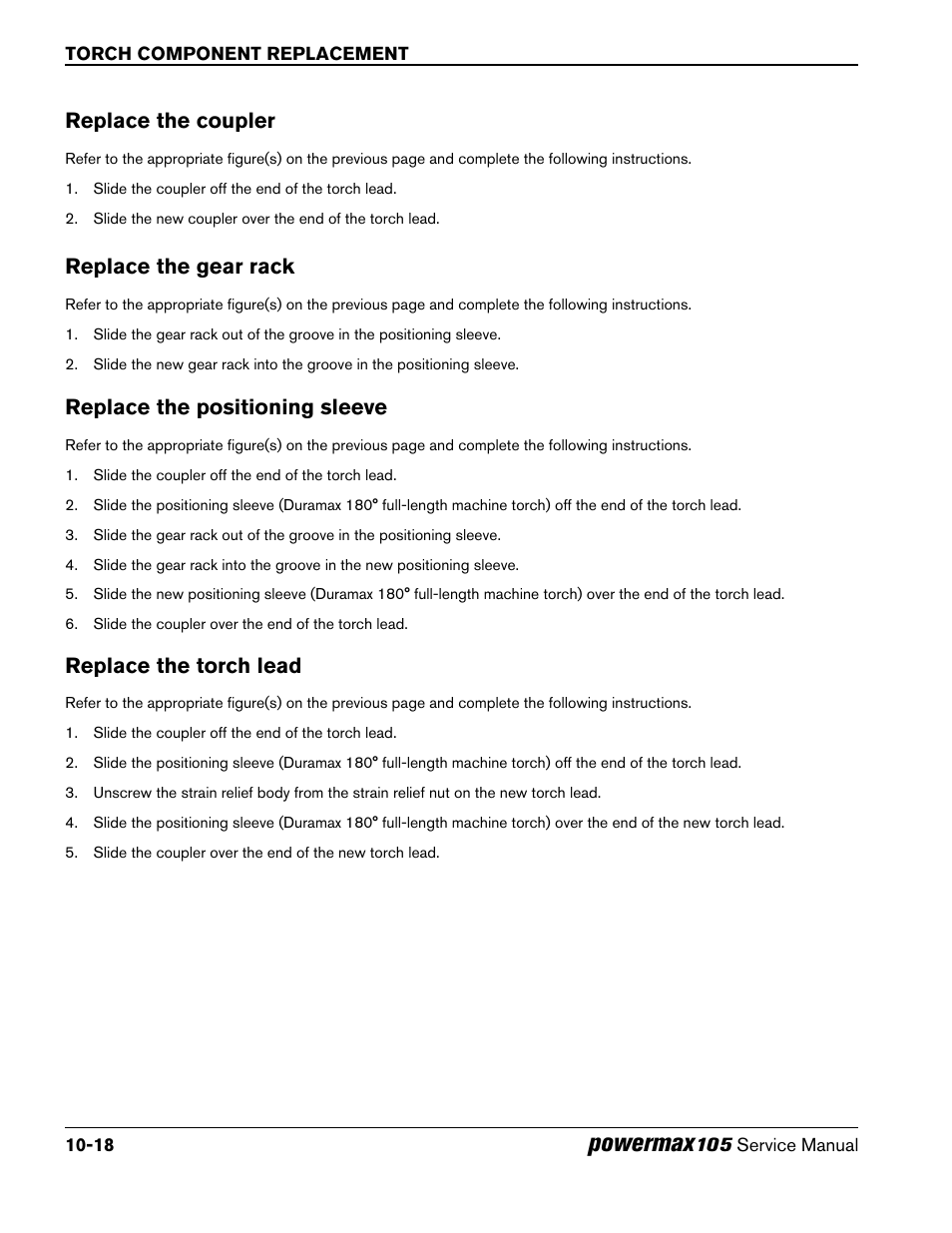 Replace the coupler, Replace the gear rack, Replace the positioning sleeve | Replace the torch lead, Powermax | Hypertherm Powermax105 Service Manual User Manual | Page 308 / 343
