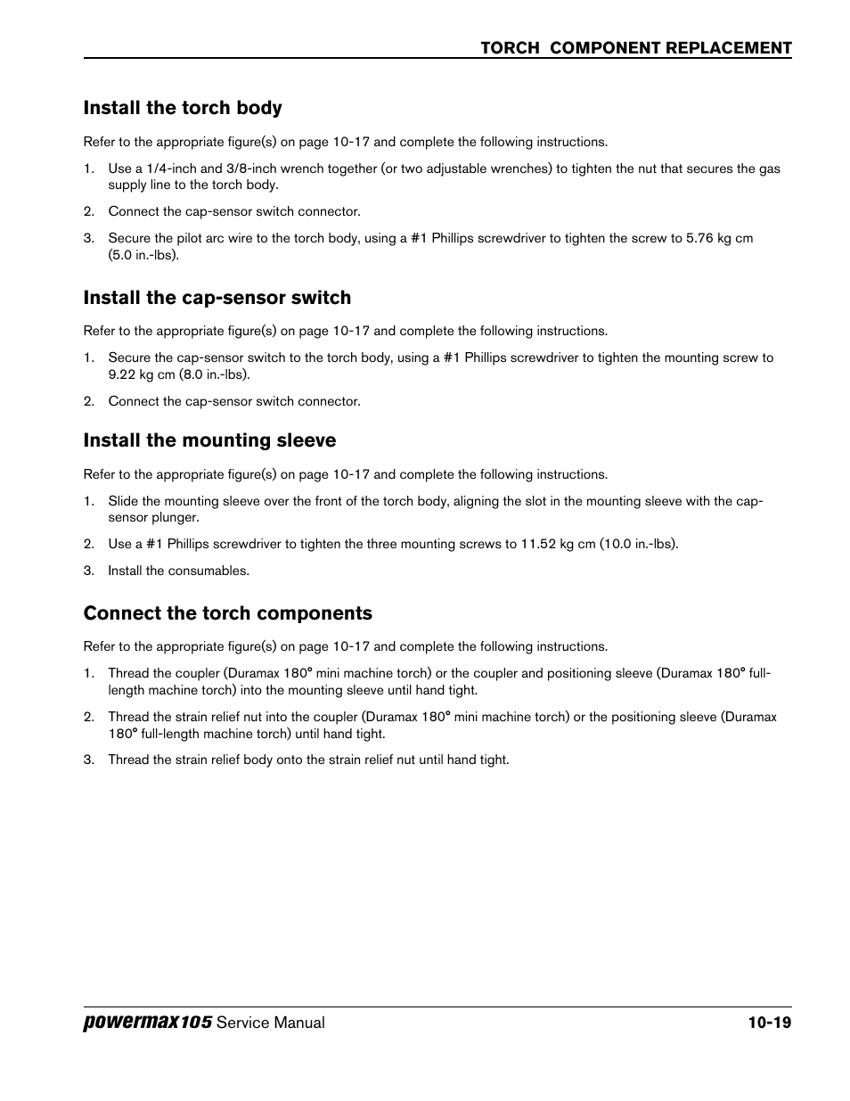 Install the mounting sleeve, Connect the torch components, Install the cap-sensor switch | Install the torch body, Powermax | Hypertherm Powermax105 Service Manual User Manual | Page 309 / 343
