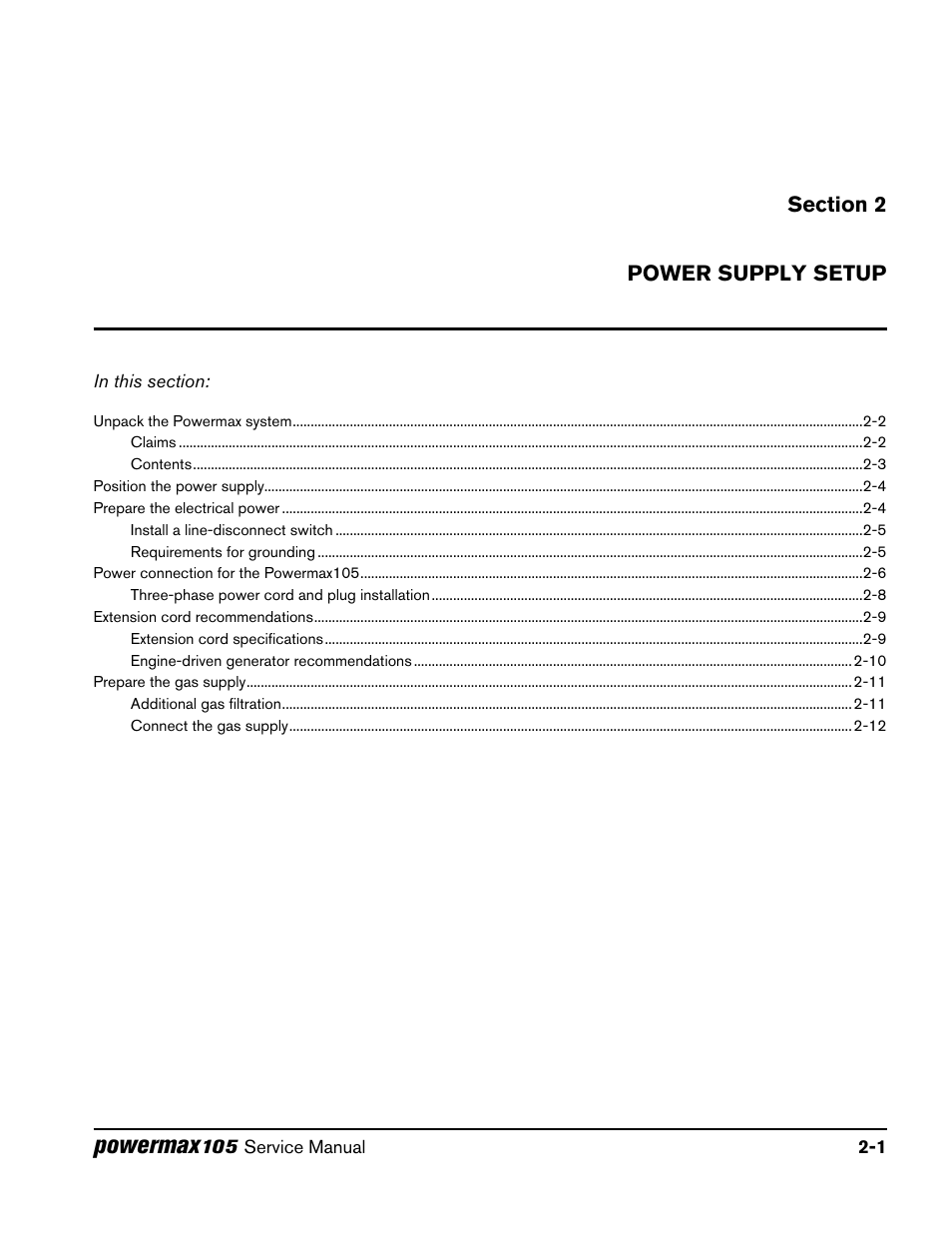 Section 2, Power supply setup, Section 2 power supply setup | Powermax | Hypertherm Powermax105 Service Manual User Manual | Page 31 / 343