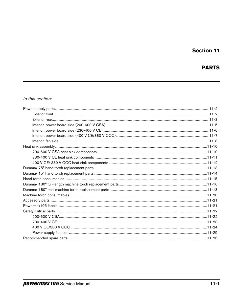 Section 11, Parts, Section 11 parts | Powermax | Hypertherm Powermax105 Service Manual User Manual | Page 311 / 343