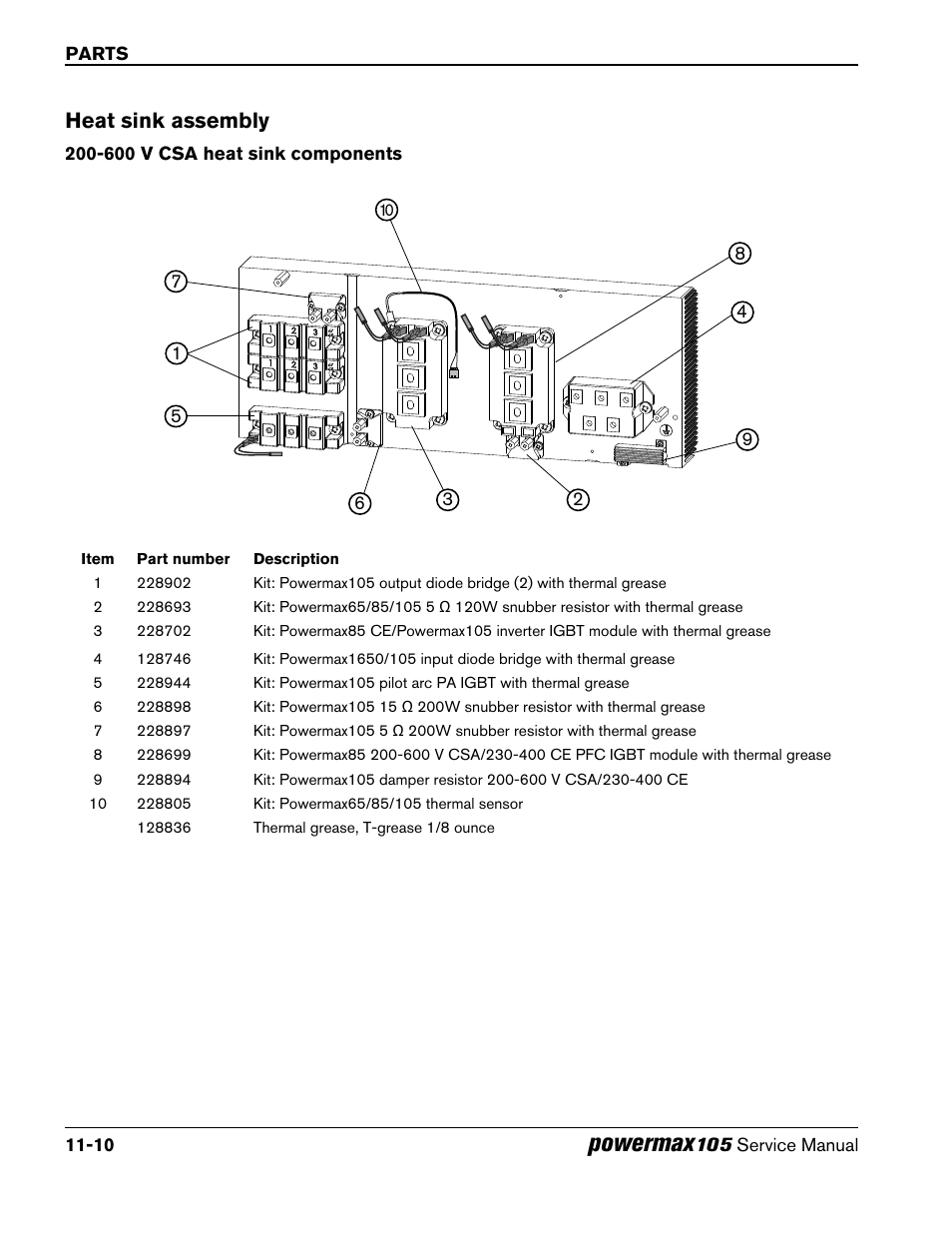 Heat sink assembly, 600 v csa heat sink components, Heat sink assembly -10 | 600 v csa heat sink components -10, Powermax | Hypertherm Powermax105 Service Manual User Manual | Page 320 / 343