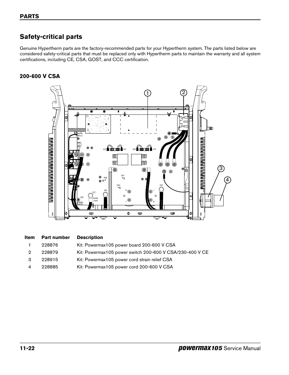 Safety-critical parts, 600 v csa, Safety-critical parts -22 | 600 v csa -22, Powermax, Parts 11-22, 105 service manual, 600 v csa 4 | Hypertherm Powermax105 Service Manual User Manual | Page 332 / 343